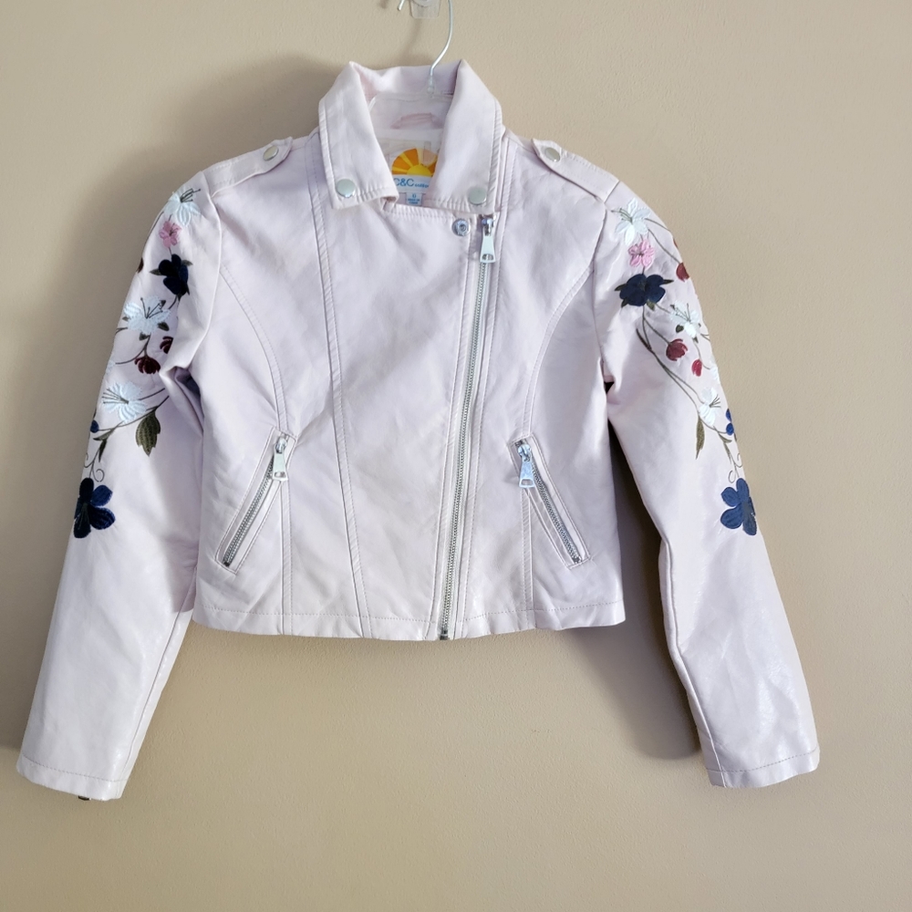 Pink Jacket faux leather girls flower Embroidered Moto zippered jacket Size 10